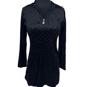 Vintage 90s Black Crushed Velvet Tunic Mini Dress Heart Zipper Whimsigoth S/M